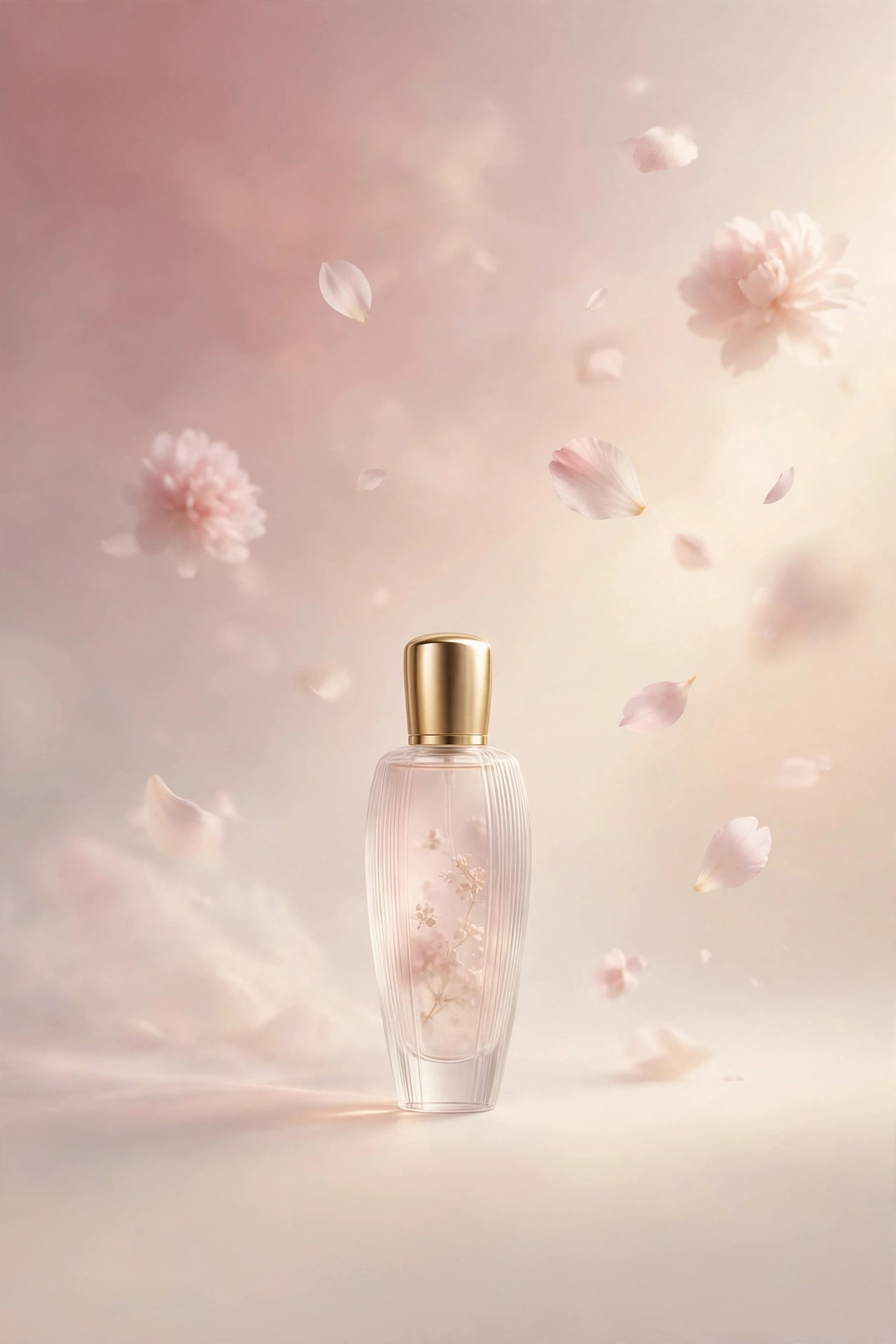 Póster de la familia Floral: frasco delicado entre pétalos rosas sobre fondo crema
